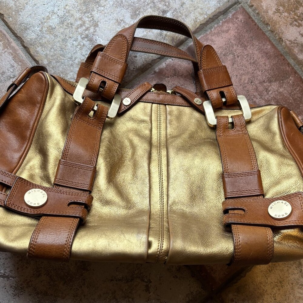 Rare Michael Kors Harness Leather Large Shldr Brown/Tan Grab Bag Excellent!